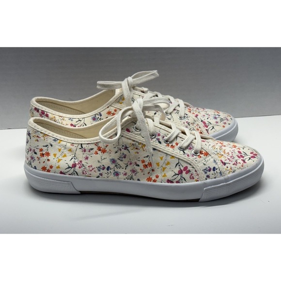 Old Navy Neutral Floral Canvas Vulc Sneakers Women 10 Cream Pink Flowers Lace Up - Picture 3 of 8